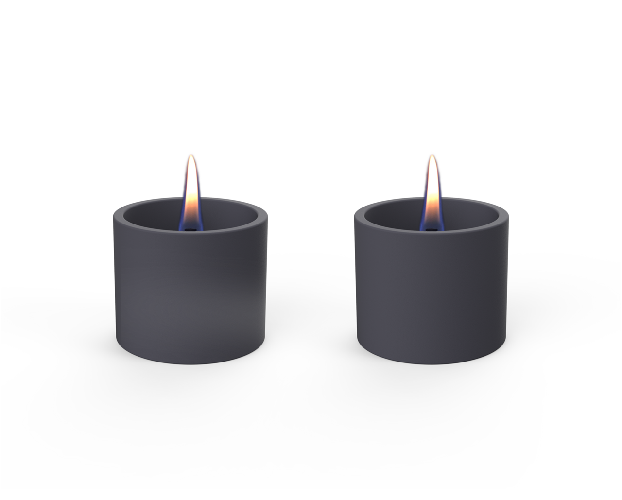 Das Bild zeigt zwei schwarze Tischfeuer im modernen Design. Beide brennen mit einer klaren, sichtbaren Flamme.