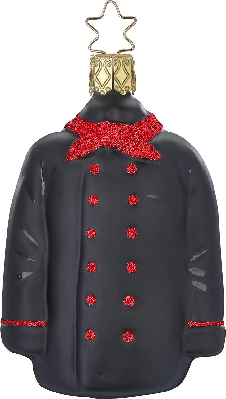 Dies ist ein Christbaumanhänger in Form einer italienischen Kochjacke. Die Jacke ist schwarz mit roten Glitzerknöpfen und einem roten Halstuch gestaltet.