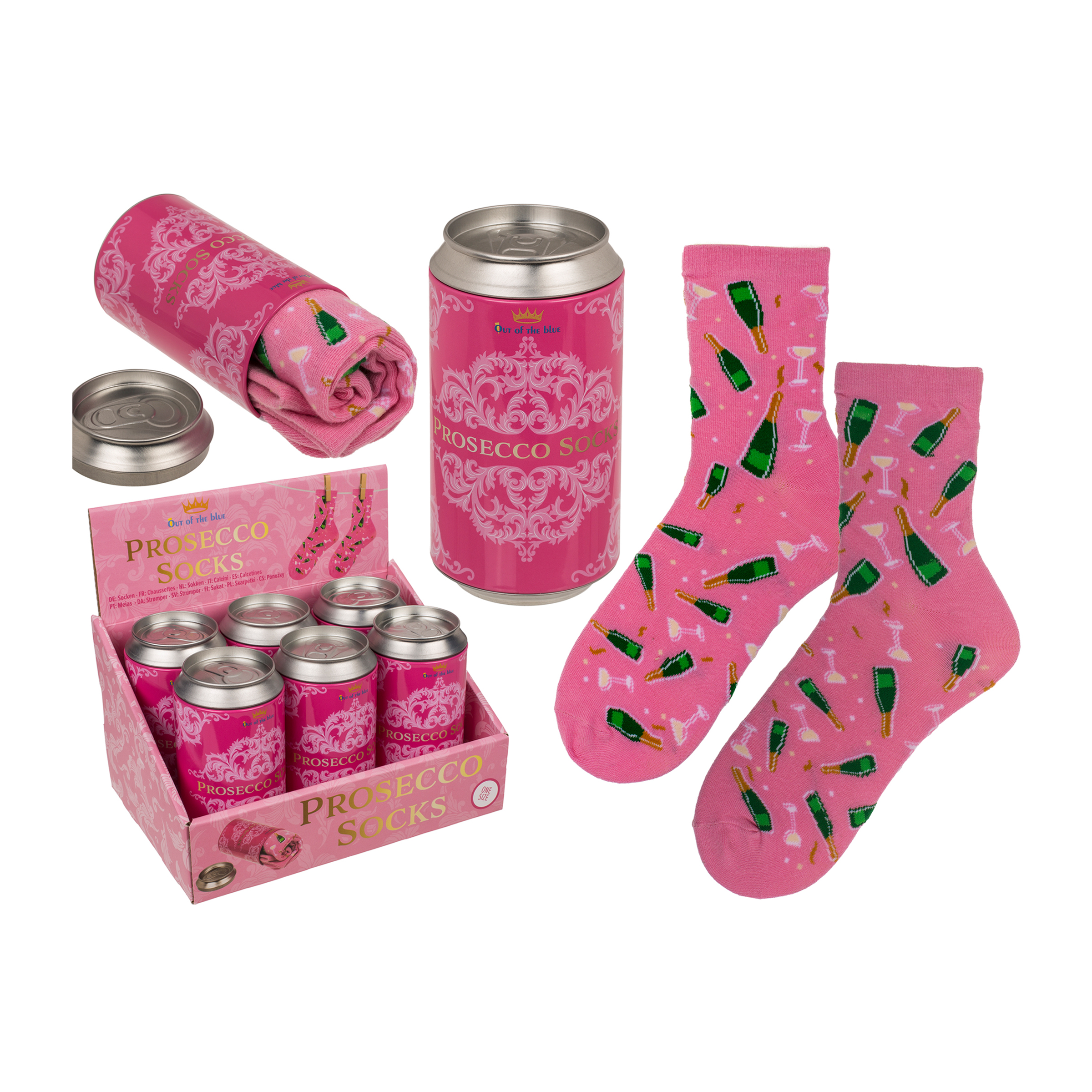 Proseccosocken in Metalldose (Einheitsgröße) befinden sich in einer metallenen Verpackung. Diese Socken sind eine originelle Geschenkidee für Prosecco-Fans.