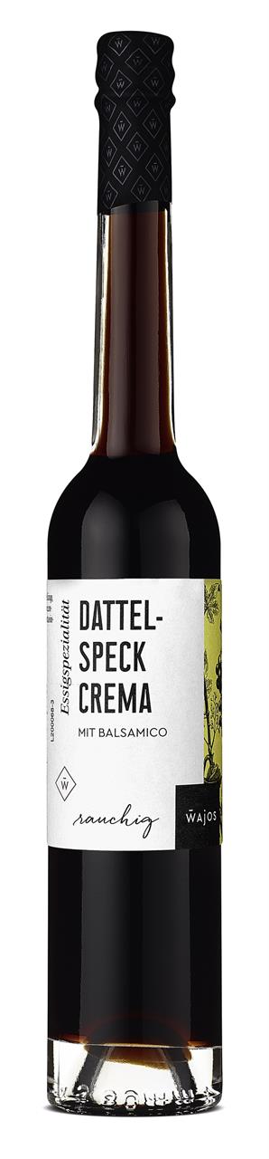 Die Flasche zeigt das Produkt "Dattel-Speck Crema mit Balsamico" von Wajos. Es handelt sich um eine Essigzubereitung mit 250 ml Inhalt und 3% Säure.
