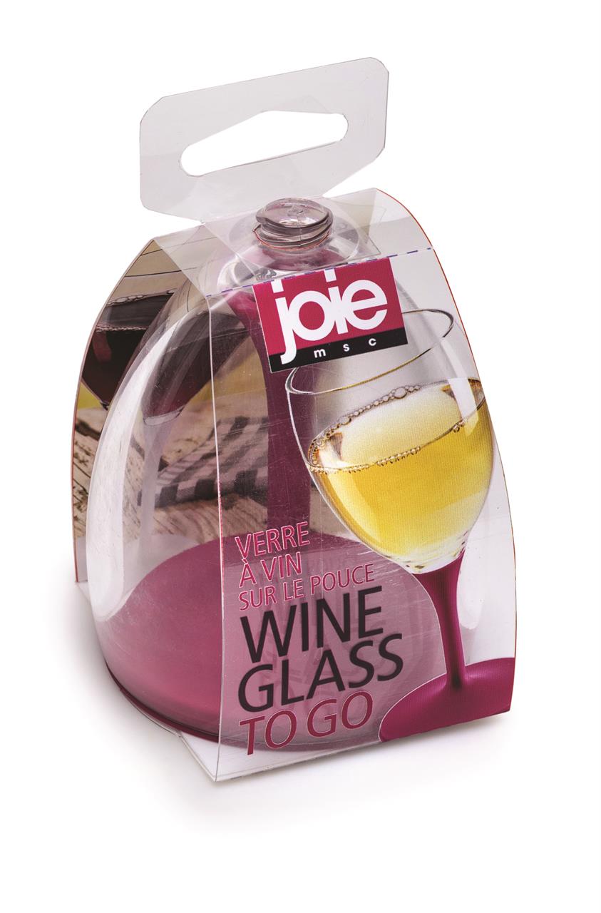 Das Bild zeigt ein verpacktes Weinglas mit der Aufschrift "Wine Glass TO GO". Das Produkt ist für unterwegs gedacht und hat einen roten Boden.