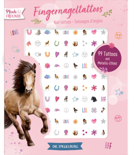 Auf dem Bild ist eine Packung Fingernageltattoos mit bunten Motiven wie Pferden, Herzen und Blumen zu sehen. Auf der Verpackung steht, dass 99 Tattoos mit Metallic-Effekt enthalten sind.
