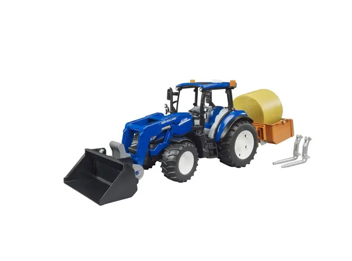 Der New Holland T5.120 mit Frontlader, Ladekasten, Gabeln und Ballen ist ein umfangreiches Traktor-Spielset. Es enthält viele Zubehörteile für realistischen Spielspaß.