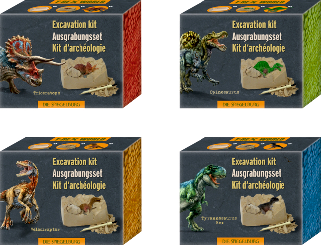 Abgebildet ist das T-Rex World Mini-Ausgrabungsset Dino-Figur. Das Set lädt dazu ein, eine Dino-Figur freizulegen.