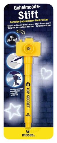 Auf dem Bild ist ein "Geheimcode-Stift" von moses. zu sehen, der unsichtbare Nachrichten mit UV-Licht sichtbar macht. Die Verpackung ist blau und gelb, und der Stift ist gelb mit der Aufschrift "TOP SECRET".