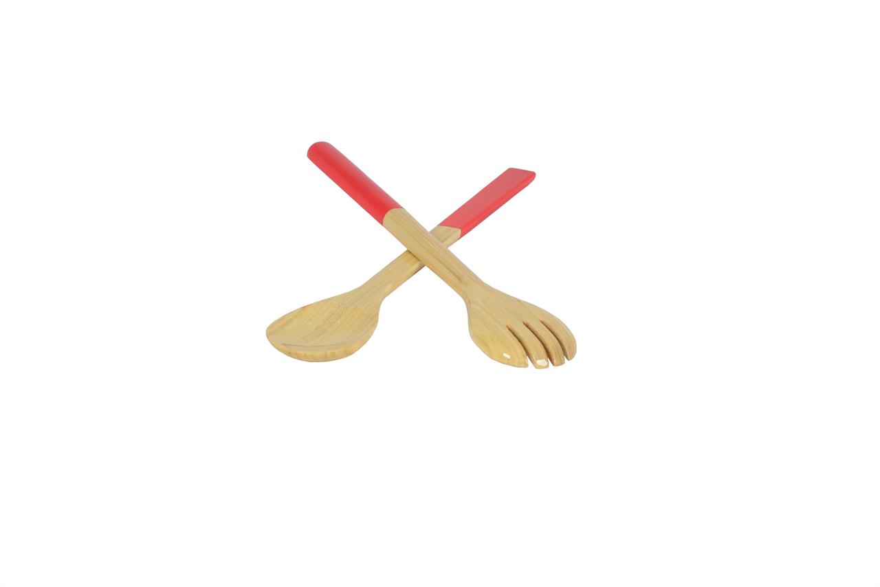 Das Bild zeigt ein Maxi-Bambus-Besteck-Set in Orange. Es besteht aus einem Löffel und einer Gabel mit orangenen Griffen.