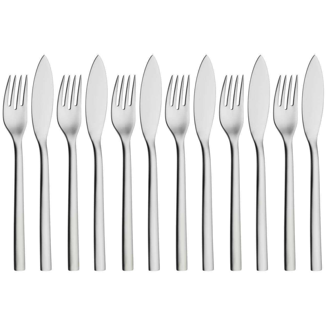 Das Bild zeigt das Fischbesteck-Set "Nuova" mit 12 Teilen, bestehend aus sechs Fischgabeln und sechs Fischmessern. Das Besteck ist aus Edelstahl gefertigt und hat ein modernes, schlichtes Design.
