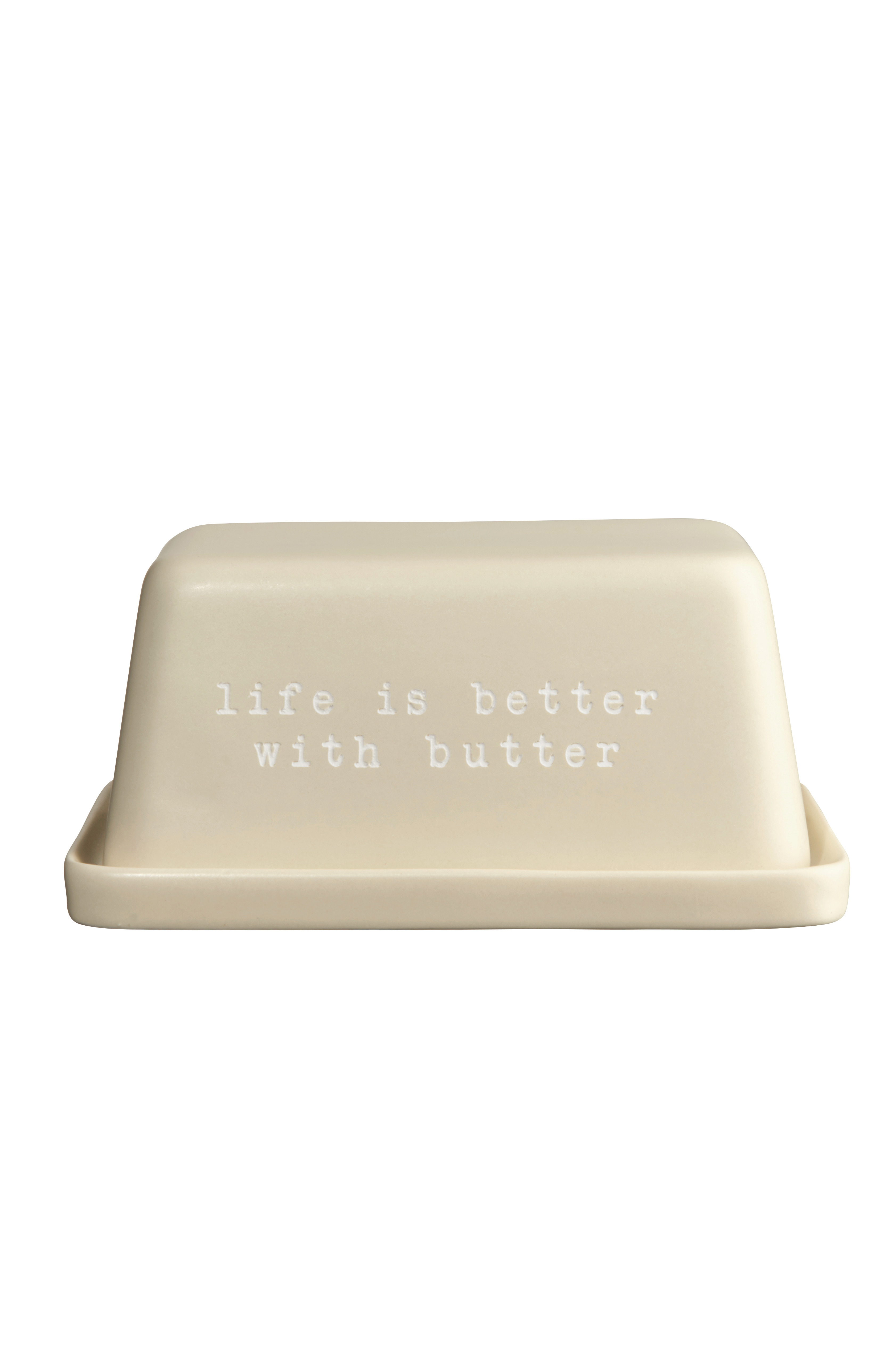 Butterdose mit dem Spruch 'life is better with butter'. Dieses Produkt dient zur Aufbewahrung von Butter.