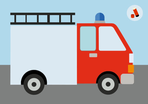 Auf dem Bild ist ein Feuerwehrauto zu sehen. Im Hintergrund ist ein blauer Himmel und auf dem Auto befindet sich eine Leiter.