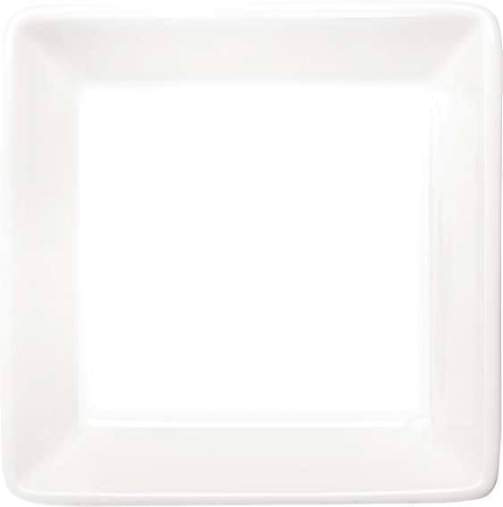 Das Bild zeigt einen quadratischen Aperitif-Teller mit den Maßen 10x10 cm. Der Teller ist weiß und hitzebeständig bis 250°C.