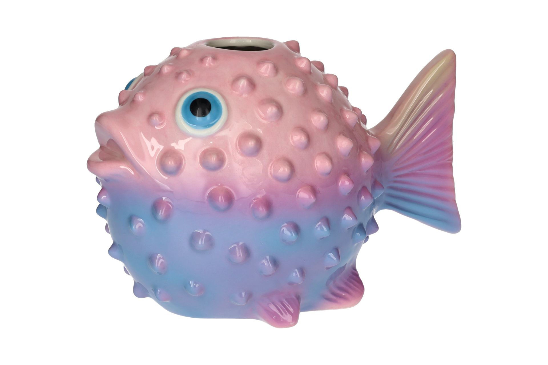 Mittlere Vase in Form eines Kugelfisches in den Farben Rosa und Blau. Die Vase heißt Mignon Kugelfisch.