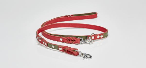 Dies ist eine rot-grüne Lederleine mit silbernen Metallteilen. Die Leine hat geflochtene Details und ist hochwertig verarbeitet.