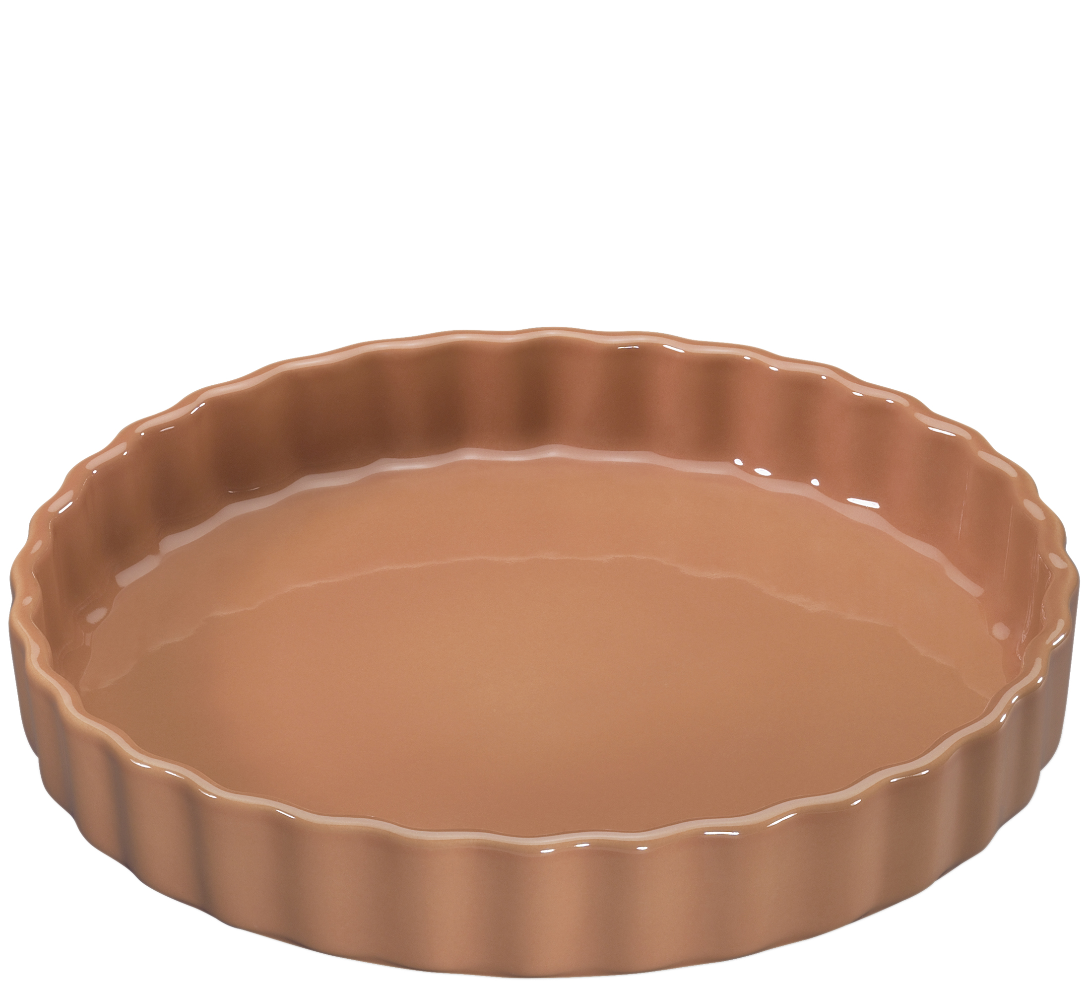 Das Bild zeigt eine runde, flache Backform mit gewelltem Rand. Die Backform ist aus Keramik und hat eine orange-braune Farbe.