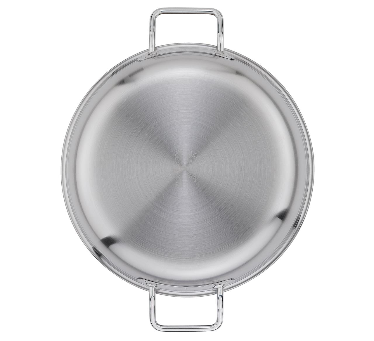 Die Abbildung zeigt eine große, runde Servierpfanne aus Edelstahl mit zwei Griffen. Die Pfanne ist das Modell "Servierpfanne XL hoch 24 cm Vulcano Intense Pro".