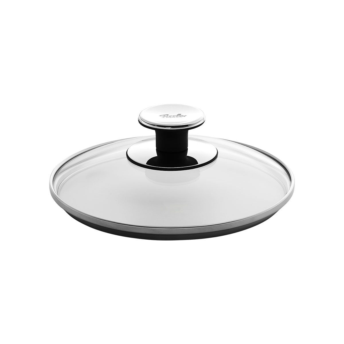 Gezeigt wird ein Glasdeckel mit schwarzem Griff. Der Deckel ist für einen kleinen Topf geeignet.