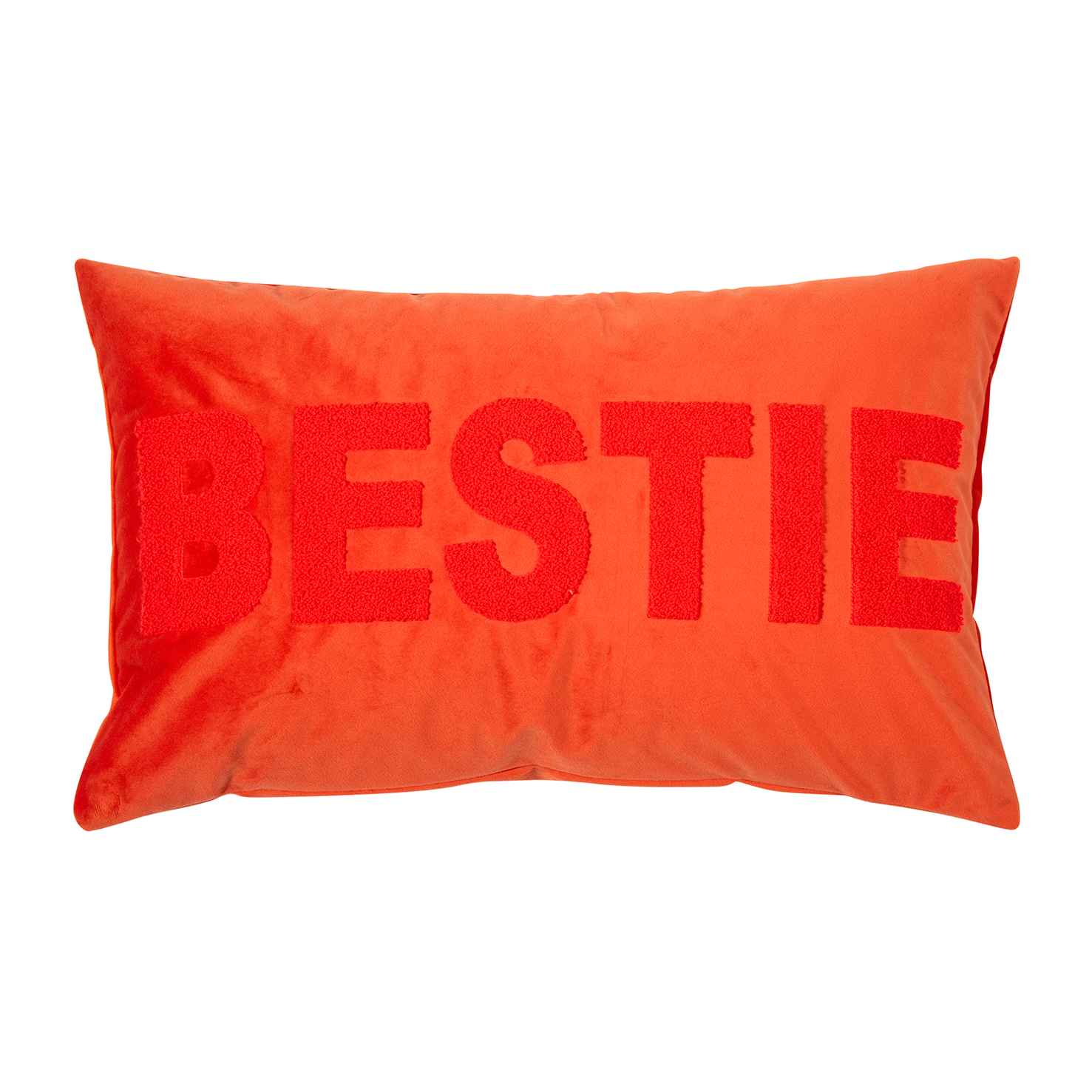 Kissen "Letters" "Bestie" orange, 30 x 50 cm. Das Kissen zeigt ein farbenfrohes, orangenes Design.
