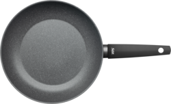 Dies ist die Stielpfanne Montano mit einem Durchmesser von 28 cm. Sie hat eine graue Antihaftbeschichtung und einen schwarzen Griff.