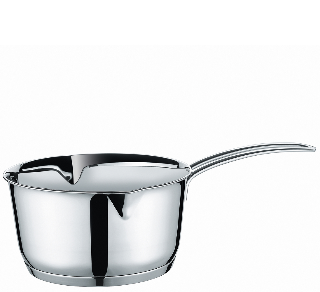 Auf dem Bild ist ein glänzender Edelstahltopf mit langem Griff zu sehen. Der Topf hat an beiden Seiten einen Ausguss.