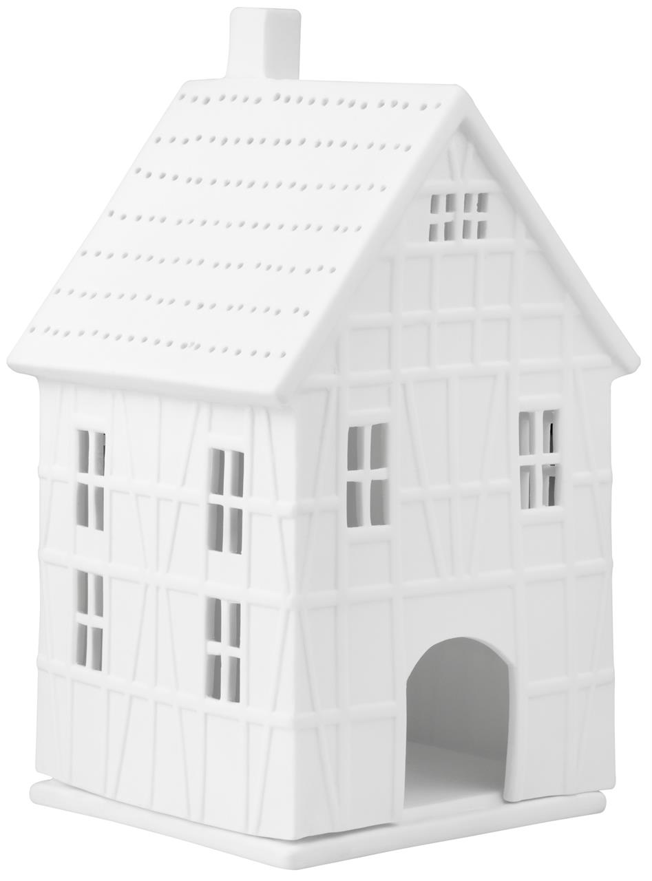 Das Bild zeigt ein weißes Modell eines großen Fachwerkhauses. Es ist 9,5 x 10 x 19 cm groß und hat viele kleine Fenster und ein Tor.
