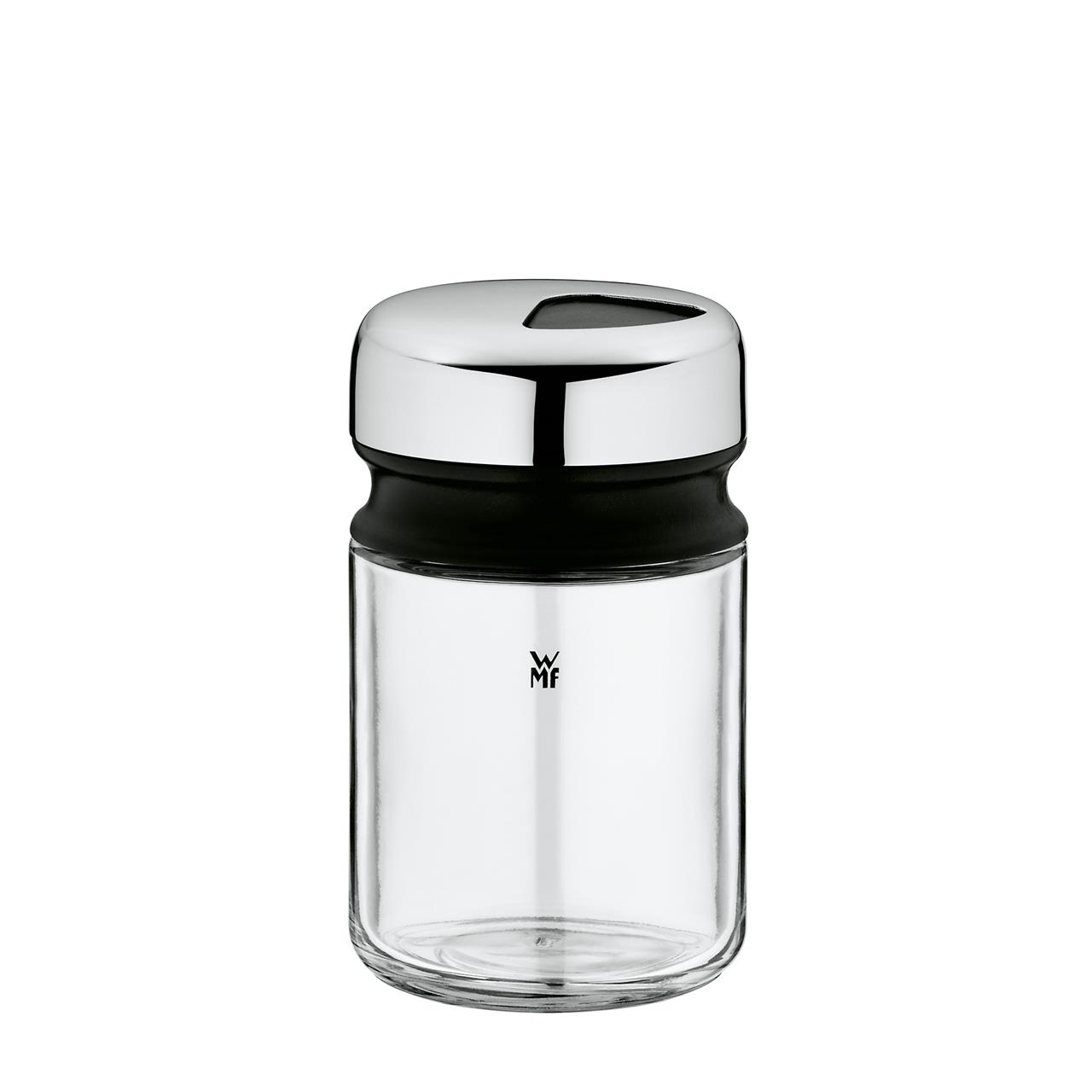 Das Bild zeigt einen Universalstreuer mit einem Glasbehälter und einem silbernen Deckel. Er eignet sich zum Streuen von Zucker, Kakao oder anderen feinen Zutaten.