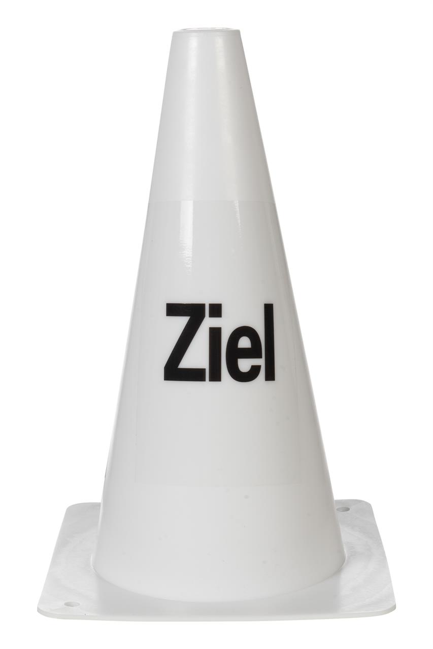 Auf dem Bild ist ein weißer Pylon mit der Aufschrift "Ziel" zu sehen. Es handelt sich um das Produkt "Bahnpylonen Dressur -Hobby Horsing-1200 weiß".