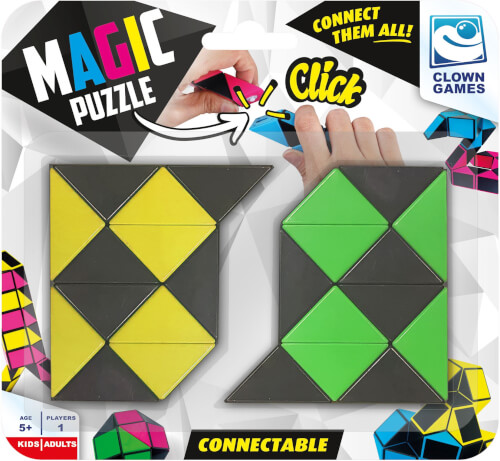 Das Bild zeigt ein "Magic Puzzle" von Clown Games mit gelben und grünen dreieckigen Formen. Es ist für Kinder ab 5 Jahren geeignet und kann verbunden werden, um verschiedene Formen zu erstellen.
