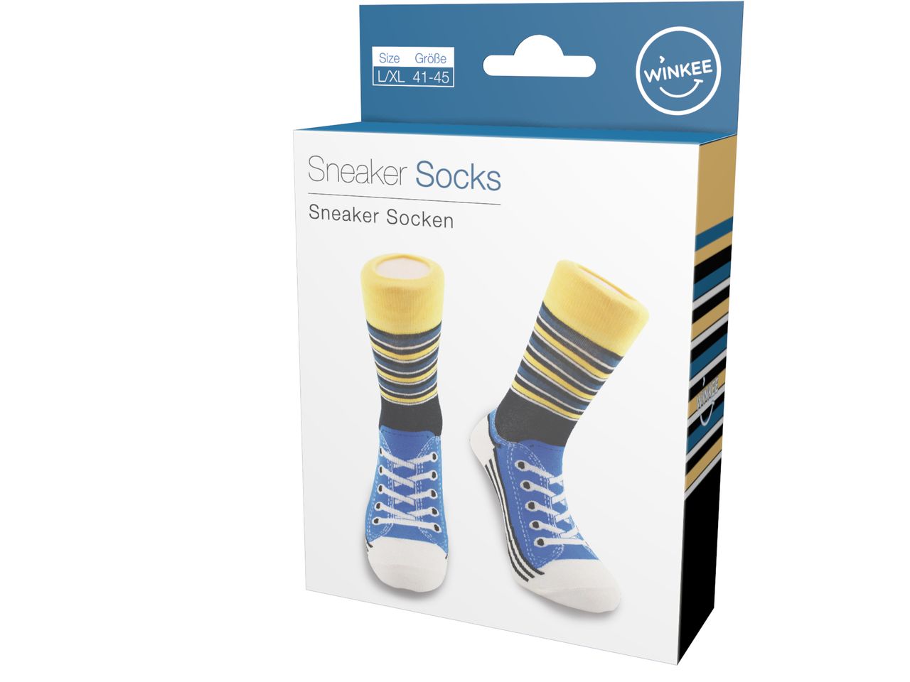 Das Produkt heißt Socken Sneaker Gr. 41-45. Es handelt sich um Sneaker-Socken für die Größe 41 bis 45.