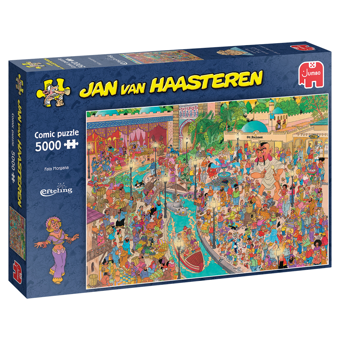 Das Bild zeigt die Verpackung des Puzzles "Jan van Haasteren: Efteling Fata Morgana" mit 5000 Teilen. Auf der Box ist eine bunte, lustige Comicszene aus dem orientalischen Themenbereich des Efteling-Parks abgebildet.