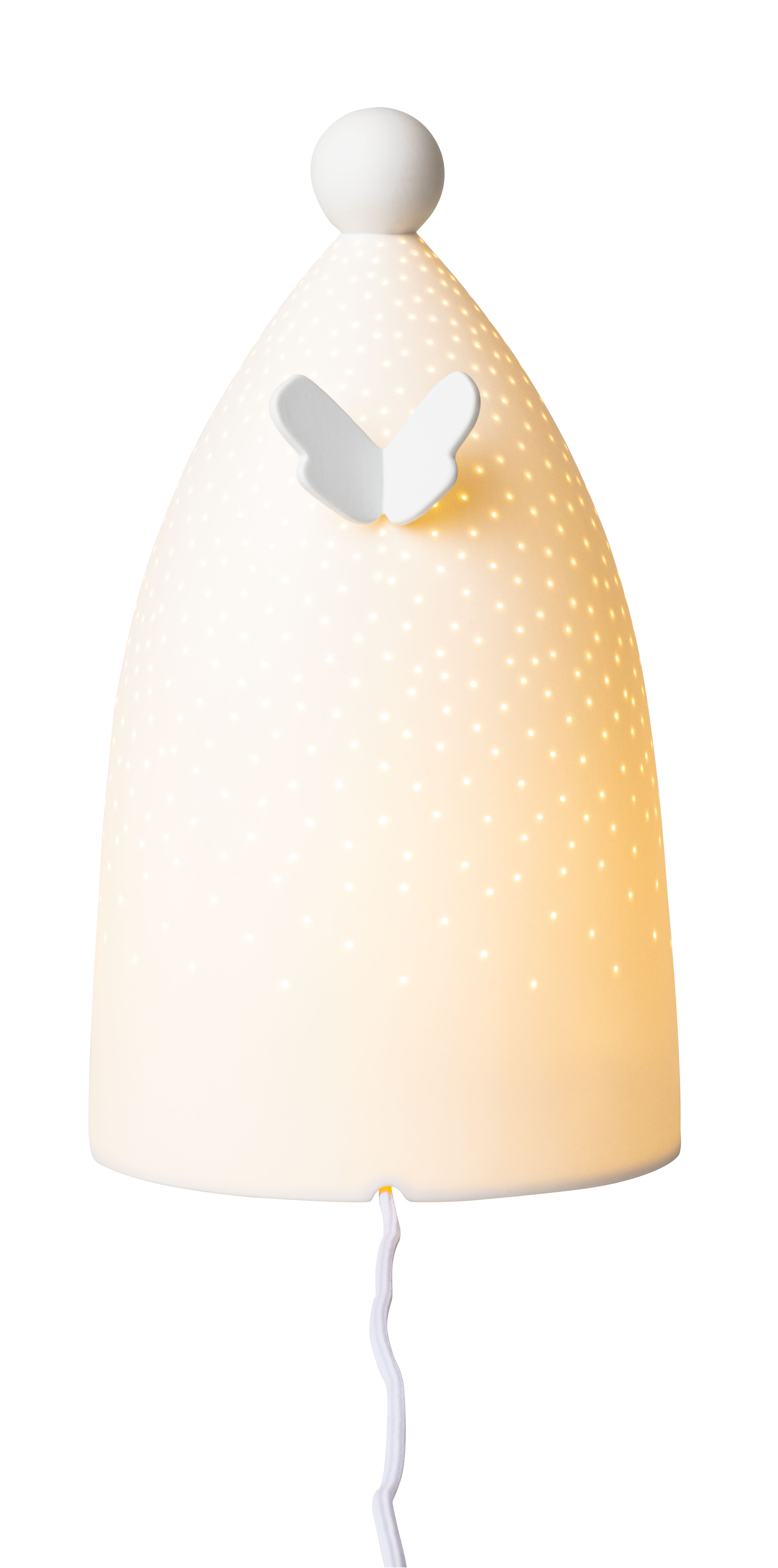 Diese Lampe hat die Form eines stilisierten Engels mit einem leuchtenden, weißen Körper. Durch kleine Löcher im Lampenschirm scheint das Licht sanft hindurch und erzeugt einen dekorativen Effekt.