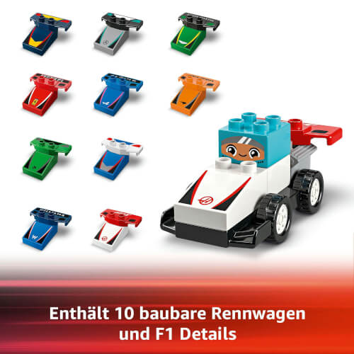 Das Bild zeigt verschiedene bunte Bauteile und ein zusammengebautes Rennauto aus LEGO-Steinen. Unten steht der Text: "Enthält 10 baubare Rennwagen und F1 Details."