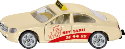 Auf dem Bild ist ein beiges Spielzeugauto mit einem Taxi-Schild auf dem Dach zu sehen. Auf der Tür steht „HEY TAXI!“ und eine Telefonnummer.