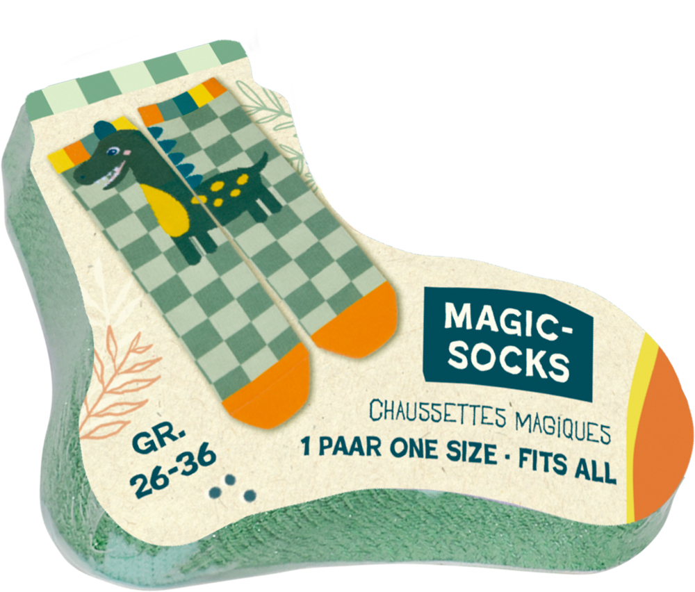 Dino Friends - Magic Socks Gr. 26-36 sind lustige Socken mit Dinosaurier-Motiv für Kinder. Das Bild zeigt die Verpackung oder das Produkt deutlich.