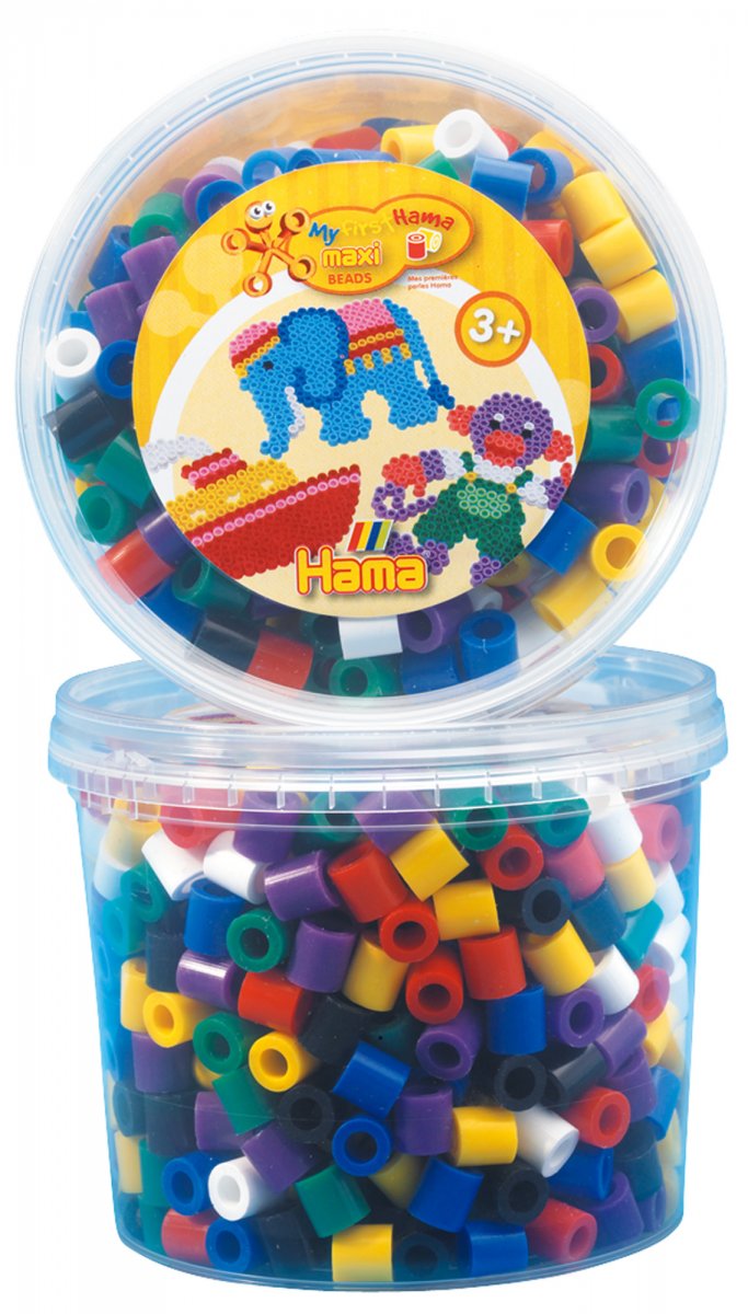 Das Bild zeigt eine Dose mit bunten Maxi-Perlen der Marke Hama. In der Dose befinden sich 600 Stück Perlen, die für Kinder ab 3 Jahren geeignet sind.