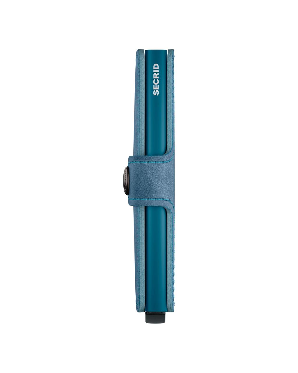Das Bild zeigt ein Miniwallet in Vintage Teal von der Seite. Auf der Außenseite ist das Wort "SECRID" zu sehen.