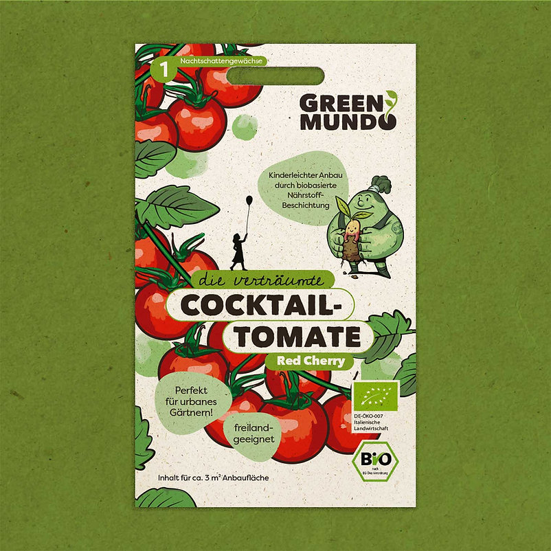 Auf dem Bild ist eine Verpackung für Bio-Saatgut der Tomatensorte "Red Cherry" zu sehen. Die Verpackung ist bunt gestaltet und zeigt mehrere rote Cocktailtomaten sowie Informationen zur Aussaat.