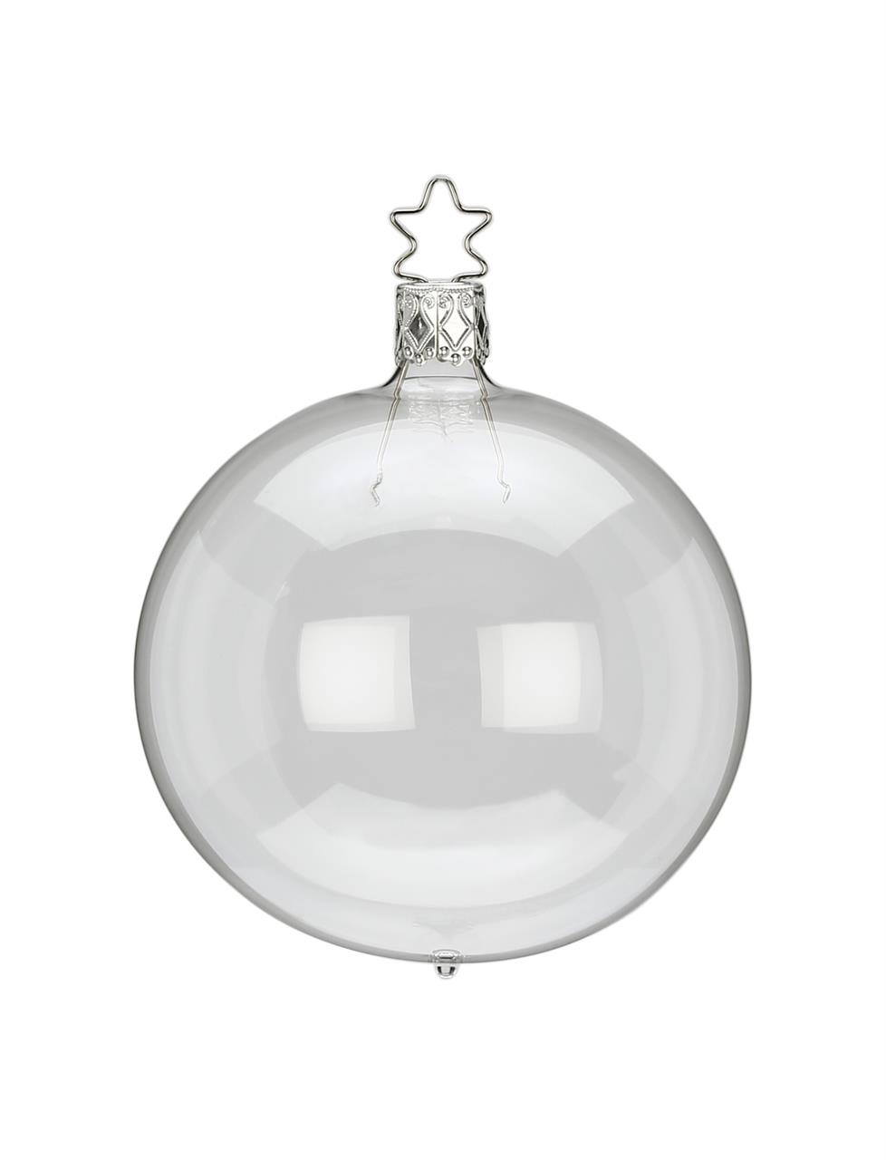 Dies ist eine glasklare Kugel mit einem Durchmesser von 12 cm. Oben hat sie einen Aufhänger in Sternform.