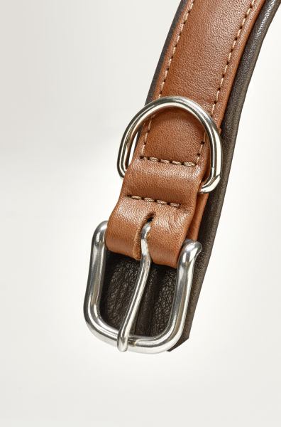 Das Bild zeigt ein braunes Nappa-Leder Hundehalsband mit silberner Metall-Schnalle. Das Produkt heißt "AMICI - Nappa-Halsband Cognac S".
