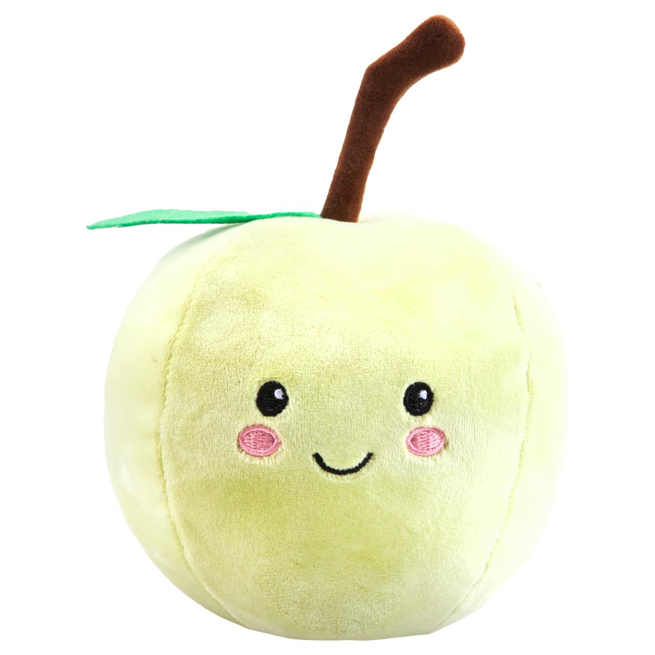 Das Bild zeigt ein kuscheliges Apfel-Plüschtier mit einem freundlichen Gesicht. Es hat rosa Wangen, einen braunen Stiel und ein grünes Blatt.
