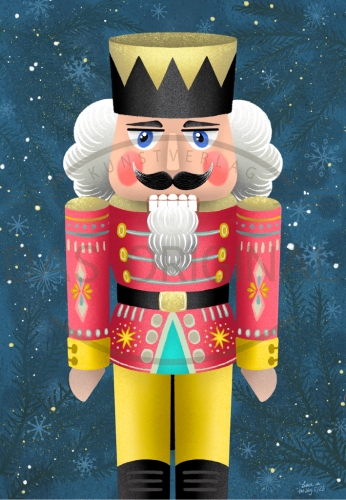 Das Bild zeigt einen bunten Nussknacker vor einem dunklen, winterlichen Hintergrund mit Schneeflocken. Der Nussknacker trägt eine rote Jacke, gelbe Hosen und einen schwarzen Hut.