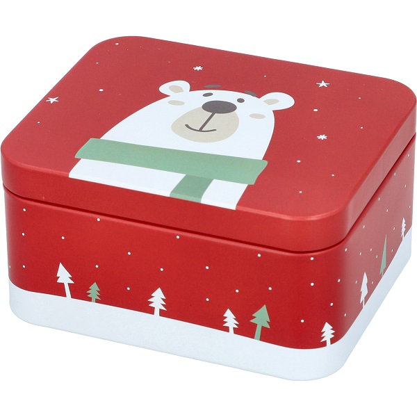 Das Bild zeigt die Gebäckdose Eisbär, rot, eckig, Größe S. Die Dose hat ein winterliches Eisbär-Design und eignet sich für kleine Leckereien.