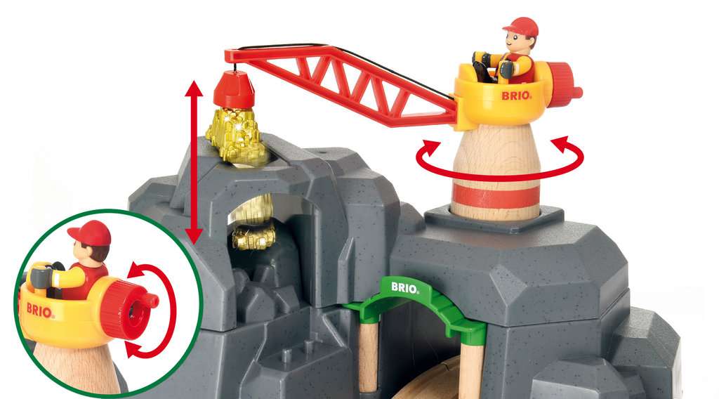 Das Bild zeigt das BRIO® World Set „Grosse Goldmine mit Sound-Tunnel 33889“. Zu sehen ist eine drehbare Förderanlage mit einer Spielfigur, die Gold nach unten transportiert.