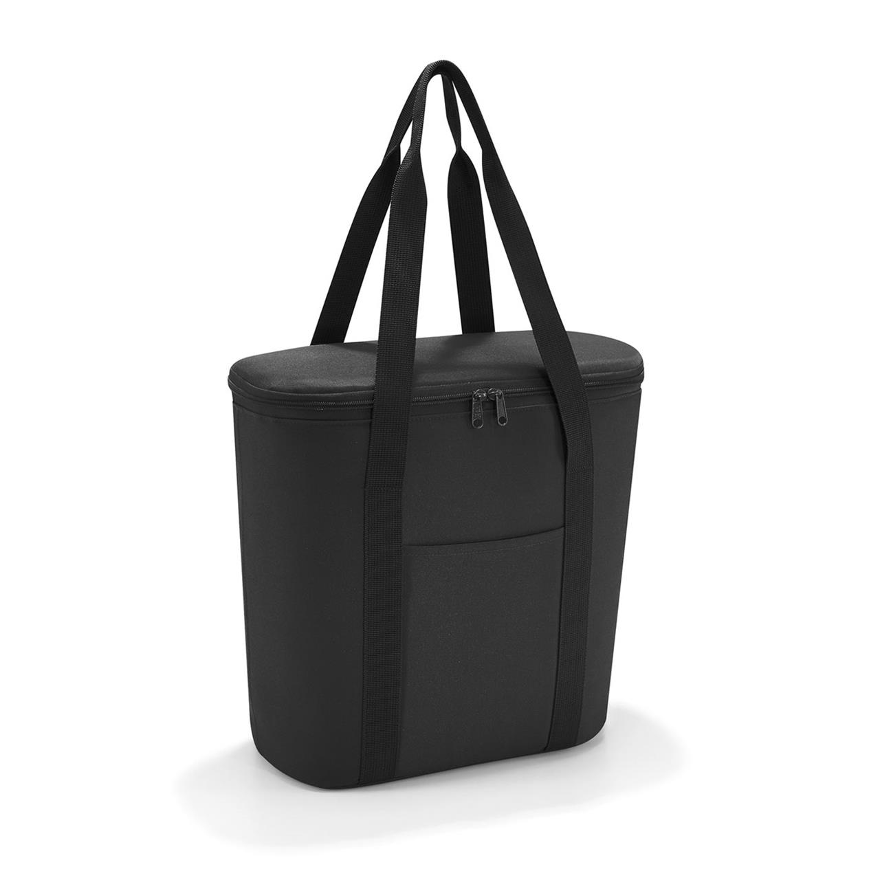 Die Abbildung zeigt eine schwarze Kühltasche mit langen Tragegriffen. Die Tasche hat einen Reißverschluss und ein schlichtes, modernes Design.