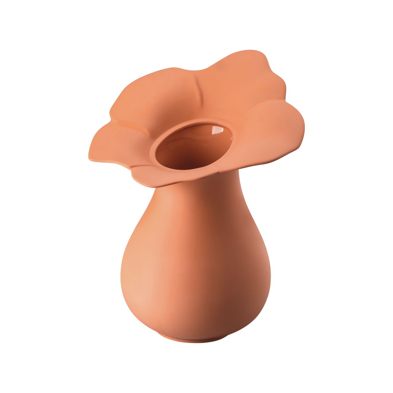 Auf dem Bild ist eine Vase in Korallenfarbe zu sehen, die 30 cm hoch ist. Der Rand der Vase ist wellenförmig und erinnert an eine Blüte.