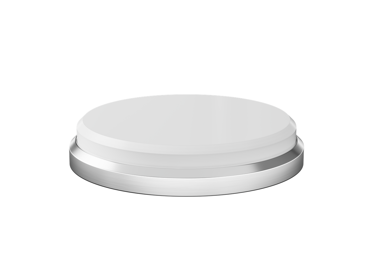 Das Bild zeigt den Schleifstein Extrafein Horl 3. Er ist rund, flach und hat eine weiße Schleiffläche mit einem silbernen Rand.