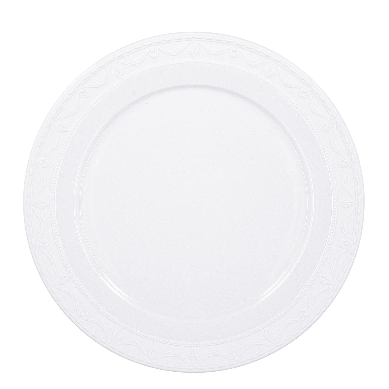Der Teller „Platzteller 32 cm Kurland Blanc Nuoveau Weiss“ ist weiß und rund. Er hat einen dezenten, eleganten Rand mit feinen Mustern.