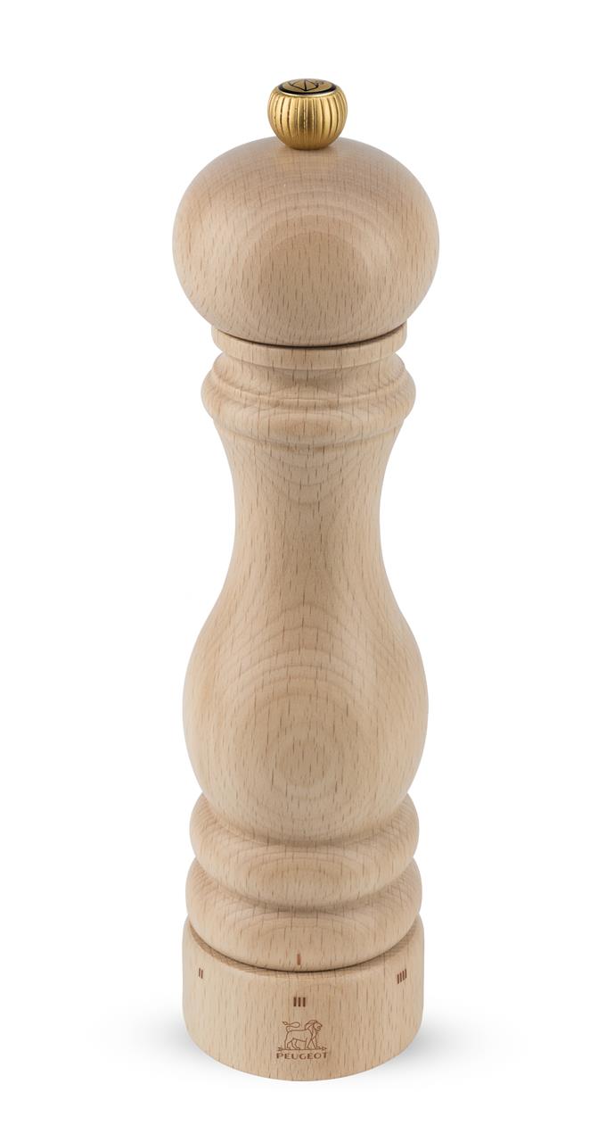 Die Abbildung zeigt eine Pfeffermühle aus hellem Holz mit einem goldfarbenen Drehknopf. Das Modell heißt "Pfeffermühle Paris Natur USelect 22 cm" und hat ein klassisches, abgerundetes Design.