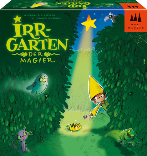 Auf dem Bild ist eine bunte Illustration eines Zaubergartens mit Hecken, einer Krone in der Mitte und einer Figur mit spitzem gelbem Hut, die sich vorsichtig um die Ecke lehnt. Um sie herum befinden sich ein Geist, eine Krähe, eine Katze und ein Frosch.