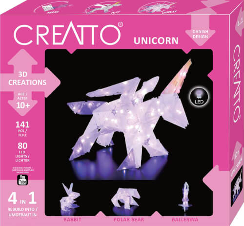 Auf dem Bild ist eine Bastelbox namens "CREATTO UNICORN" zu sehen. Mit diesem Set können leuchtende 3D-Figuren wie ein Einhorn, Hase, Eisbär oder eine Ballerina gebaut werden.