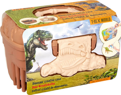 Auf dem Bild ist ein Dino-Kreativkoffer aus der Reihe "T-Rex World" zu sehen. Die Verpackung zeigt eine Abbildung eines Tyrannosaurus Rex und den Inhalt des Koffers.