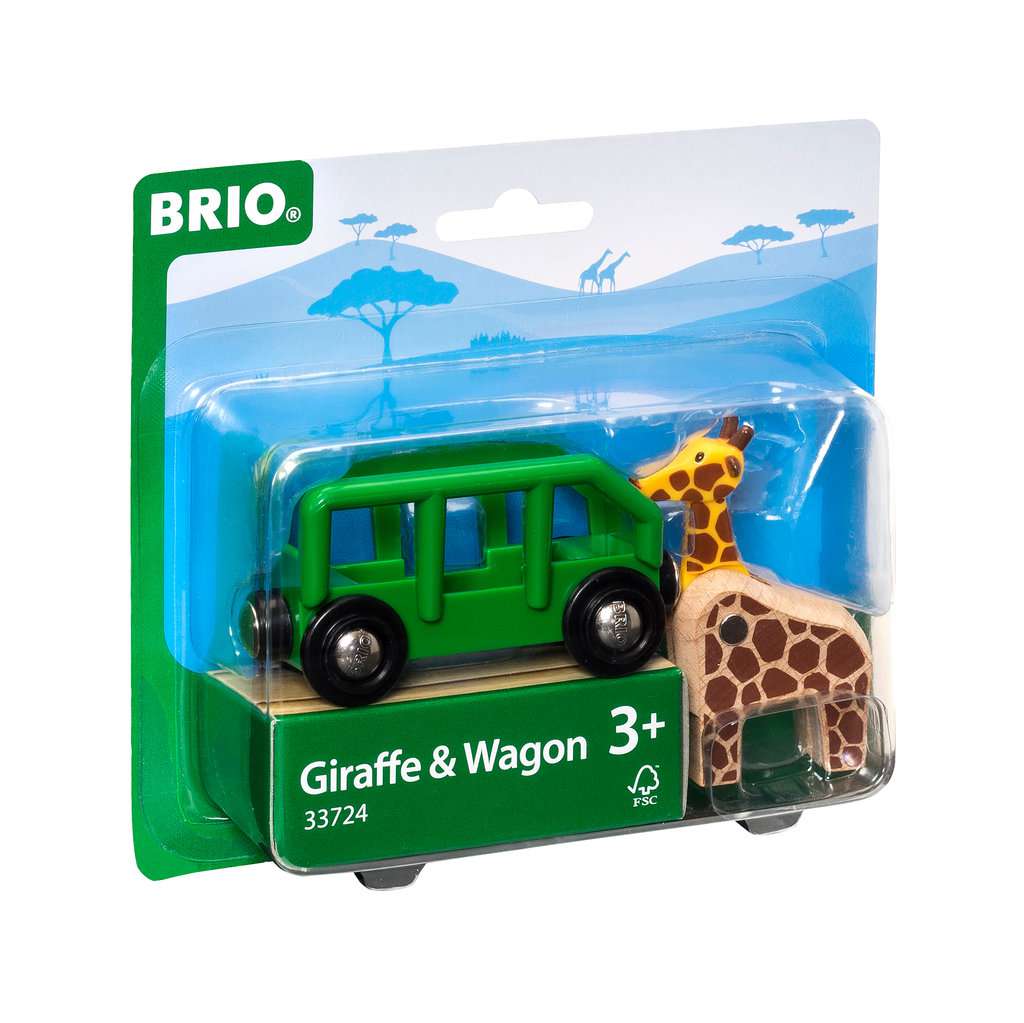 Das Bild zeigt das Spielzeug "BRIO® Giraffenwagen 33724" in seiner Verpackung. Enthalten sind ein grüner Wagen und eine kleine Giraffenfigur, geeignet für Kinder ab 3 Jahren.